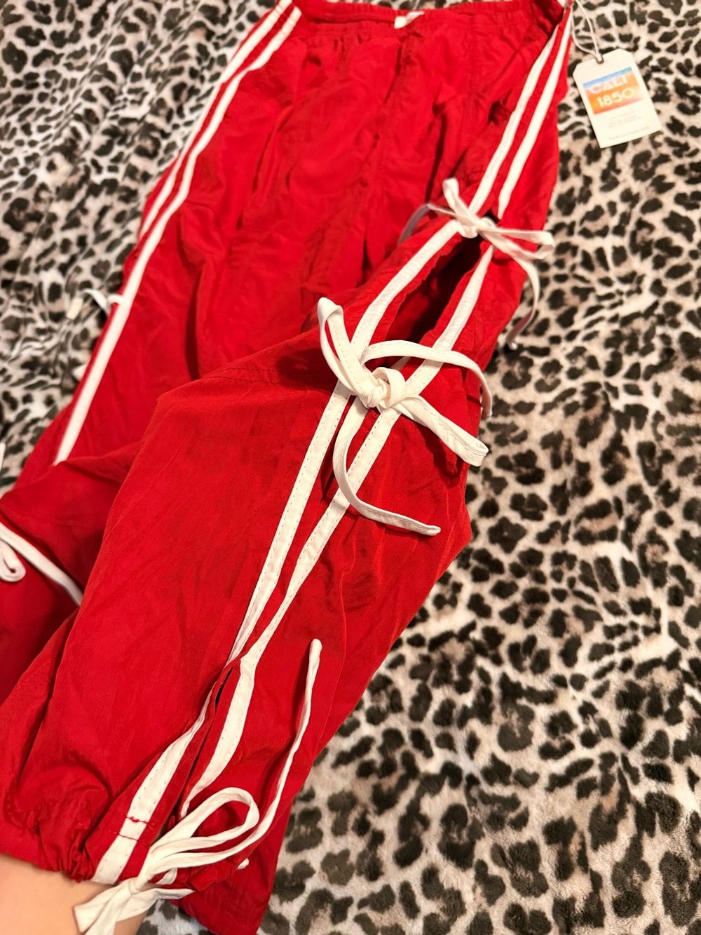 Womens Red Track Pants with White Stripes and Ties